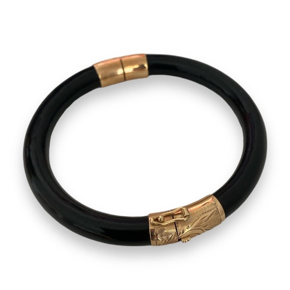 Vintage 14K Gold Chinese Black Hinged Bangle Bracelet